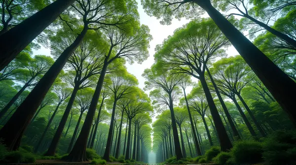 Low angle view of tall emerald trees with expansive canopies against a pale sky.
