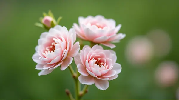 Soft pastel-hued blossoms with layered folds set against a blurred green background from a low angle