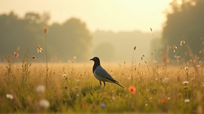 Solitary Ashen Bird Perched Among Wildflowers