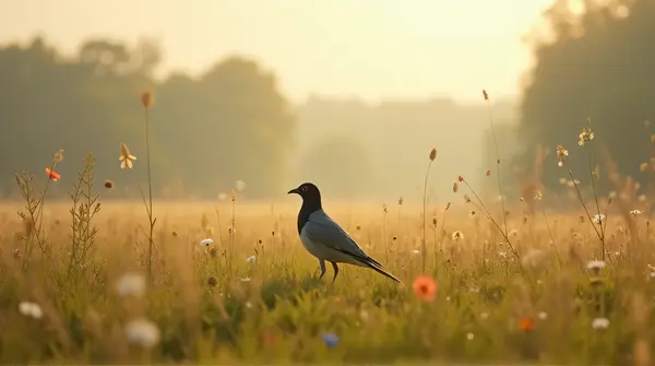 A solitary ashen bird perched in a meadow surrounded by wildflowers with distant trees on the horizon.