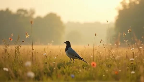 Solitary Ashen Bird Perched Among Wildflowers