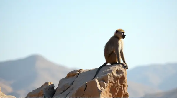 A lone baboon sits on a sharp stone outcrop with blurred hills in the background under a clear sky.