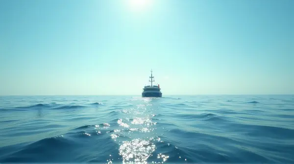 A lone boat moves across a large body of water with sunlight reflecting off gentle ripples under a wide sky.