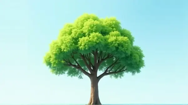 A solitary broadleaf tree with emerald leaves against a soft blue sky, branches spread symmetrically.