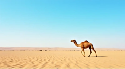 Solitary Camel Crossing Vast Arid Landscape Under Clear Sky