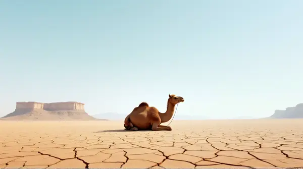 Solitary Camel Sitting On Dry Cracked Ground