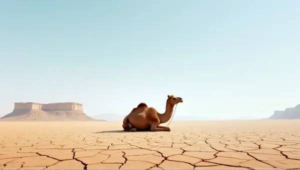 Solitary Camel Sitting On Dry Cracked Ground