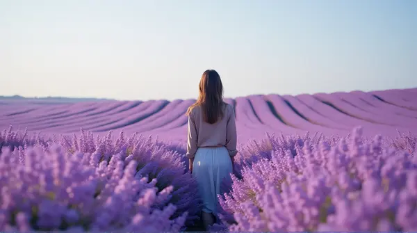 A solitary woman stands amid a wide field of violet flowers stretching to the horizon, viewed from a low angle.