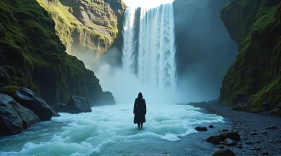 Solitary Figure By Cascading Waterfall And Cliffs