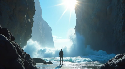 Solitary Figure By Ocean Spray And Towering Cliffs