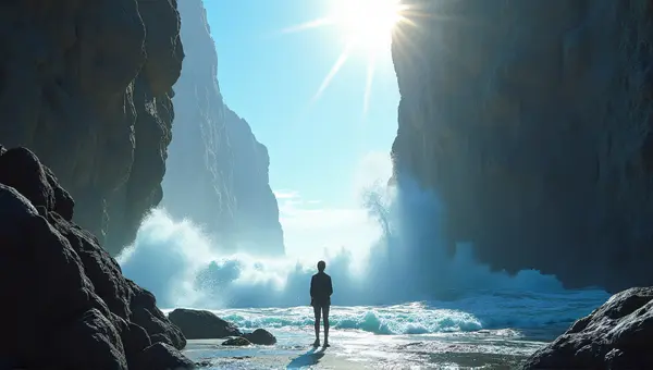 Solitary Figure By Ocean Spray And Towering Cliffs