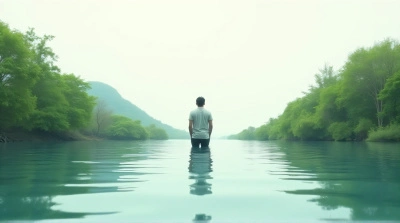 Solitary Figure by Tranquil Water with Greenery