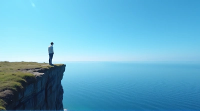 Solitary Figure on Cliff by Vast Sea Horizon