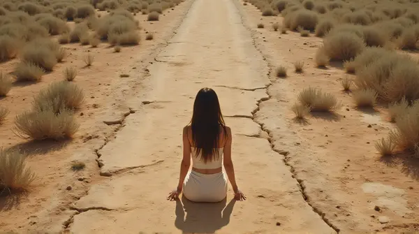 A lone person on cracked, dry ground with sparse vegetation viewed from a low angle highlighting rough textures.