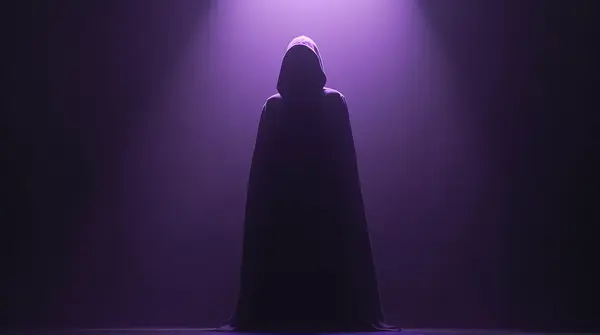 A solitary figure surrounded by deep violet and black tones against a dim background