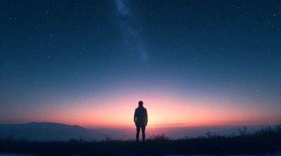 Solitary Figure Gazing At Celestial Twilight Sky