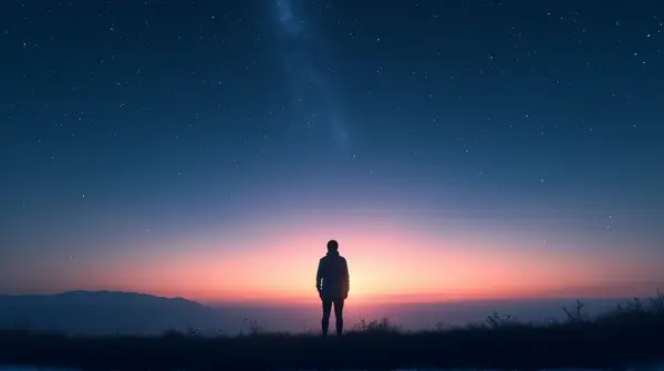A solitary figure stands facing a vast twilight sky filled with twinkling celestial bodies across the horizon.
