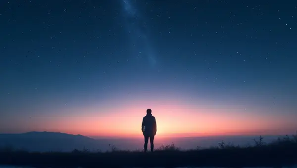 Solitary Figure Gazing At Celestial Twilight Sky