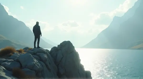 A solitary figure on a jagged gray stone near a shimmering lake under soft sunlight and a vast sky.