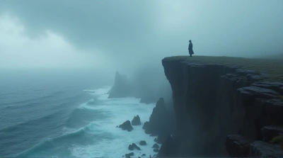 Solitary Figure On Misty Cliff Over Turbulent Sea