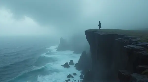 A lone person stands on a mist-covered cliff overlooking a rough, stormy sea with dark clouds above and sharp rocks below.