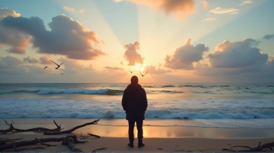 Solitary Figure On Sandy Shore At Sunset