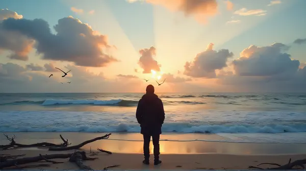 Dark figure stands on sandy beach looking at colorful sky and distant seabirds over the sea