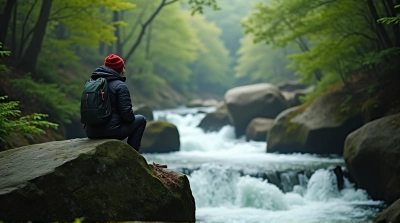 Solitary Figure On Stone By Flowing Stream In Forest