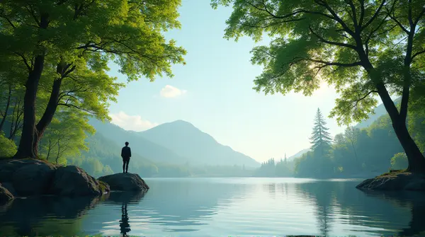 A solitary figure on a large stone beside a reflective lake surrounded by dense green trees under a clear sky.