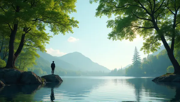 Solitary Figure On Stone By Reflective Lake With Trees