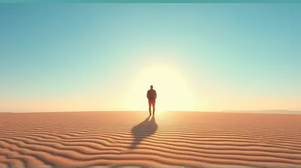 A single figure standing on sunlit dry ground with rippled patterns under a clear blue sky