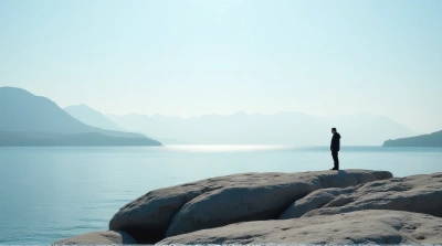 Solitary Figure On Textured Gray Stone By Lake