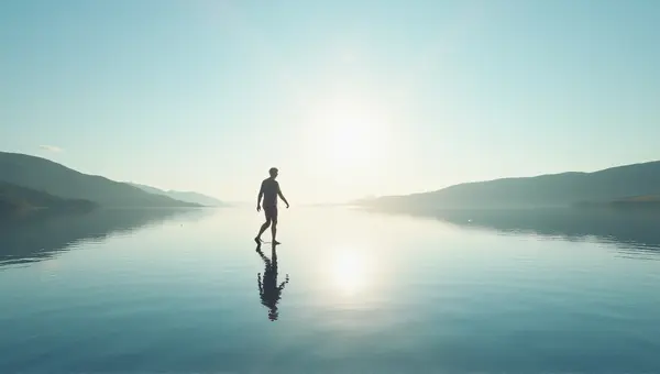 Solitary Figure Touching Tranquil Lake At Sunrise
