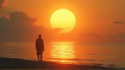 Solitary Figure Watching Glowing Orb Over Water