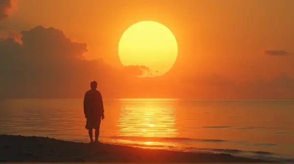 A solitary figure stands by the water reflecting warm amber light under soft cloud cover.