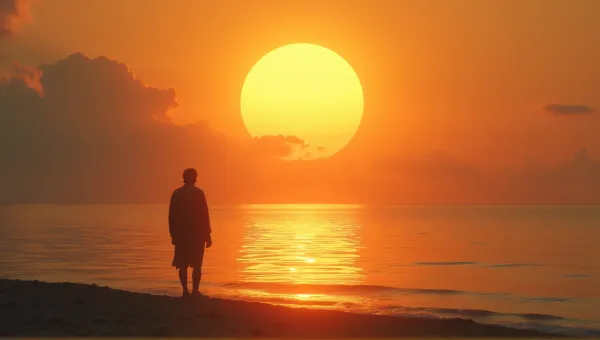 Solitary Figure Watching Glowing Orb Over Water