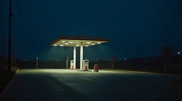 Solitary Gas Station At Night With Shadows