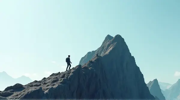 Solitary Hiker Climbing Jagged Summit Under Clear Sky