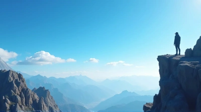 Solitary Hiker On Rocky Summit With Clear Sky