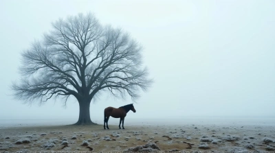 Solitary Horse Near Bare Oak With Frosted Ground
