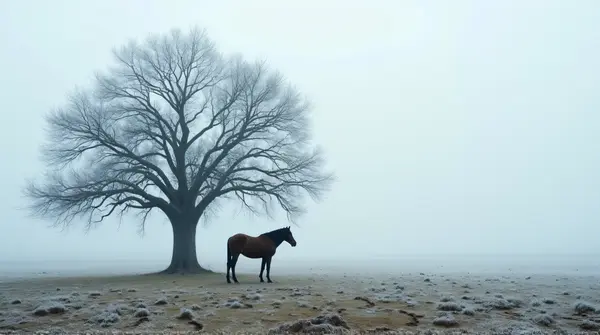 Solitary Horse Near Bare Oak With Frosted Ground
