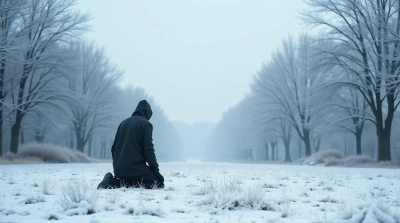 Solitary Individual Kneeling On Frosty Ground