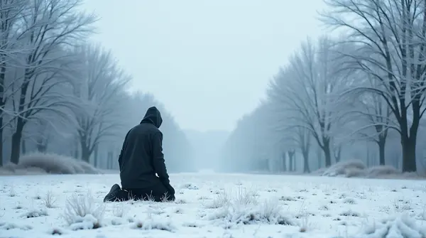 Solitary Individual Kneeling On Frosty Ground