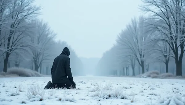 Solitary Individual Kneeling On Frosty Ground