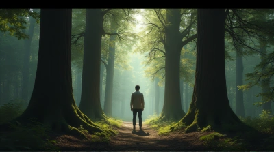 Solitary Individual Near Massive Tree Trunks