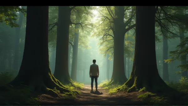 Solitary Individual Near Massive Tree Trunks