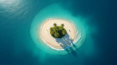 Solitary Island With Sandy Beaches And Palm Trees