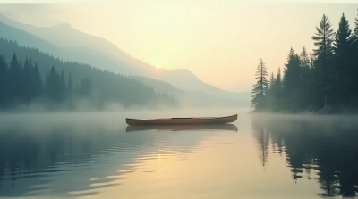Solitary Kayak At Dawn With Forest Reflections