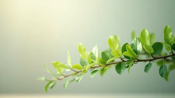 A single green leaf lit by gentle natural light against a blurred neutral background