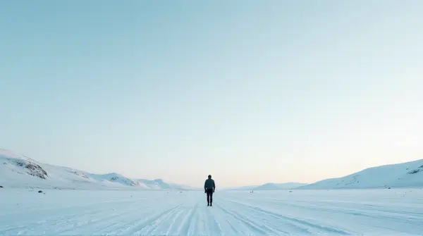 A solitary man stands on a frost-covered field beneath a clear blue sky with distant frosted hills.